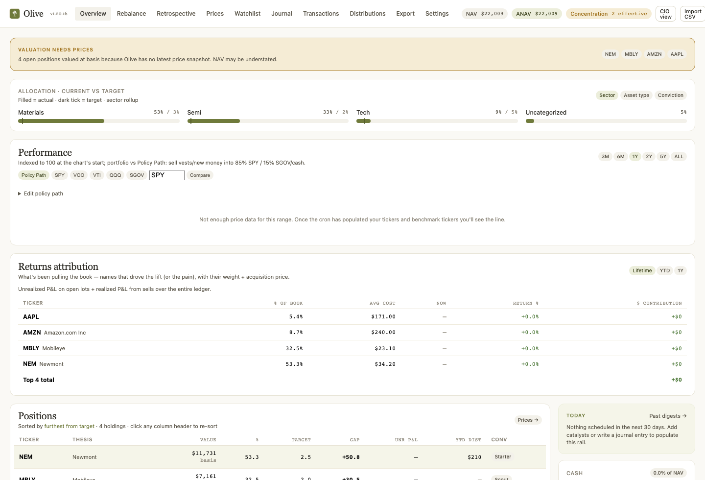 Olive dashboard showing demo allocation, performance, attribution, positions, and concentration panels.
