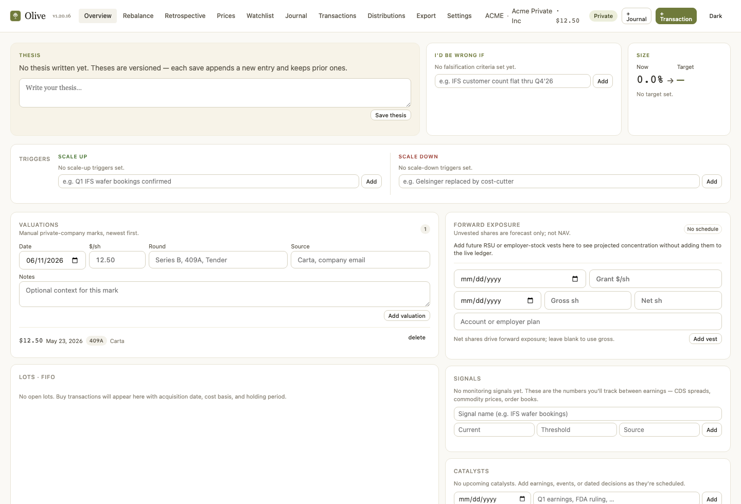 Olive private-company security page showing valuation marks, forward exposure, vest events, signals, and catalysts.
