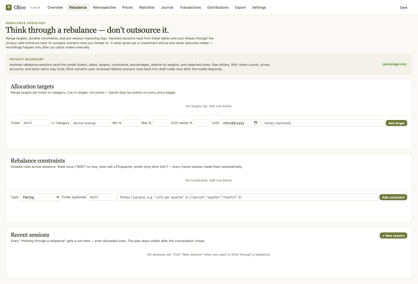 Olive rebalance assistant showing allocation targets, durable constraints, and privacy boundary copy.