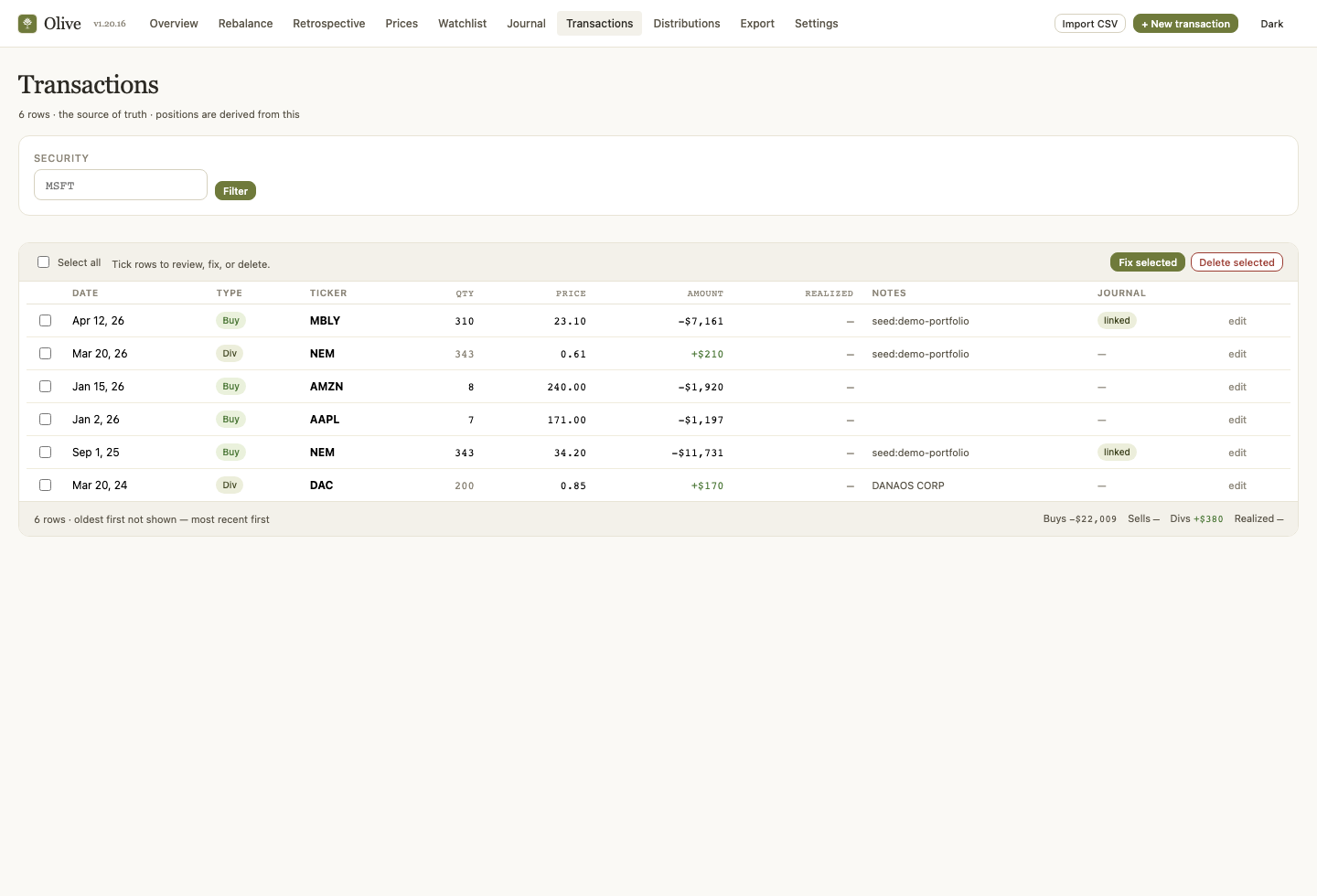 Olive transaction ledger showing demo buys, dividends, notes, linked journals, and bulk edit controls.